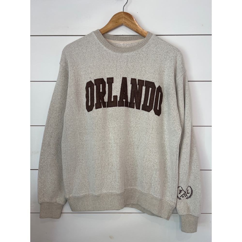 New York Popular Orlando Sweatshirt Oatmeal Grey Brown Applique Crewneck Large